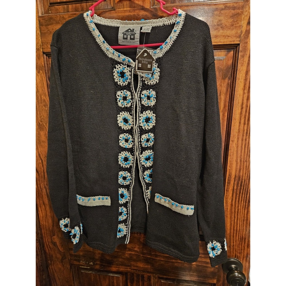 Storybook Knits Nwt Large Crochet Flowers Black Cardigan Turquoise Beaded Flower